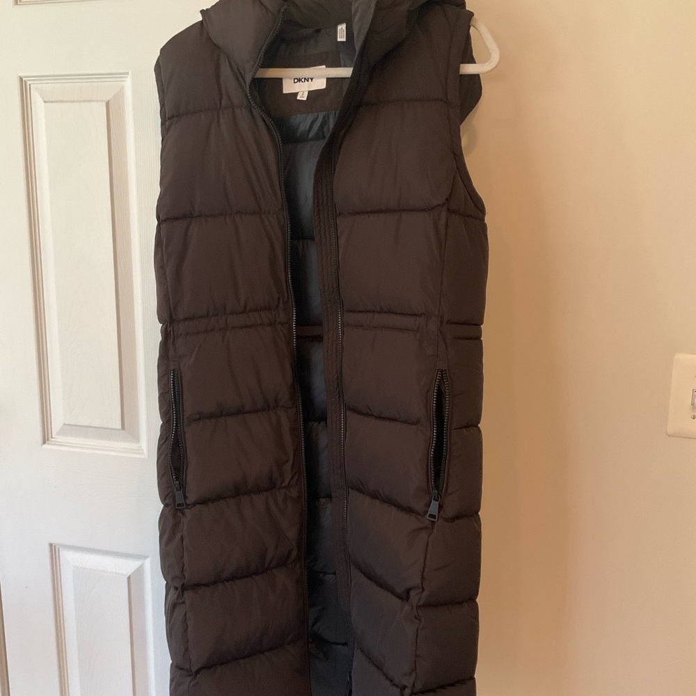 DKNY Brown Quilted Puffer Vest with High Collar